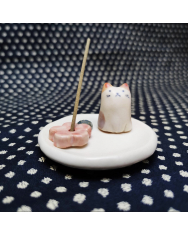 Ceramic incense holder with kitten and sakura