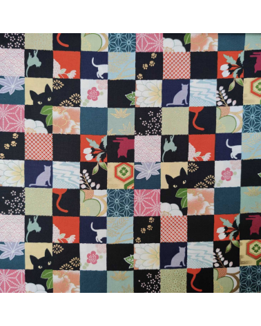 Japanese fabric. Cats Patchwork in bright colours.