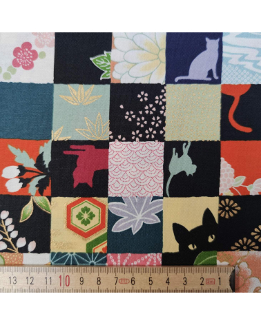 Japanese fabric. Cats Patchwork in bright colours.