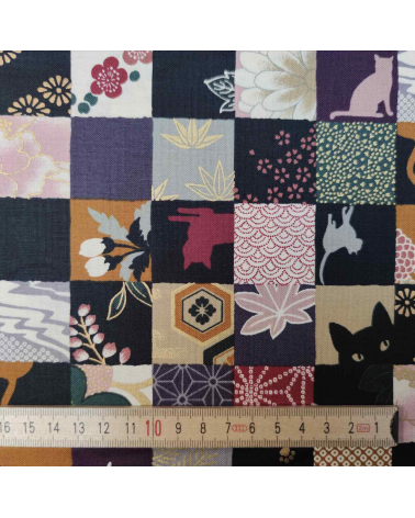Japanese fabric. Cats Patchwork in subdued colours.