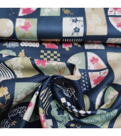Japanese fabric "windows" in teal blue.