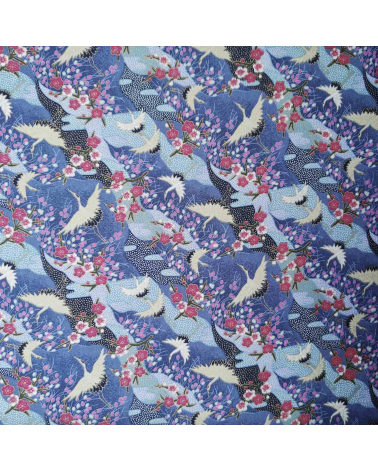 Japanese cotton fabric of cranes and ume with golden details.