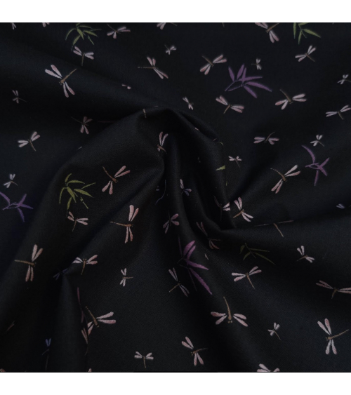 Japanese fabric. Dragonflies and bamboo over black