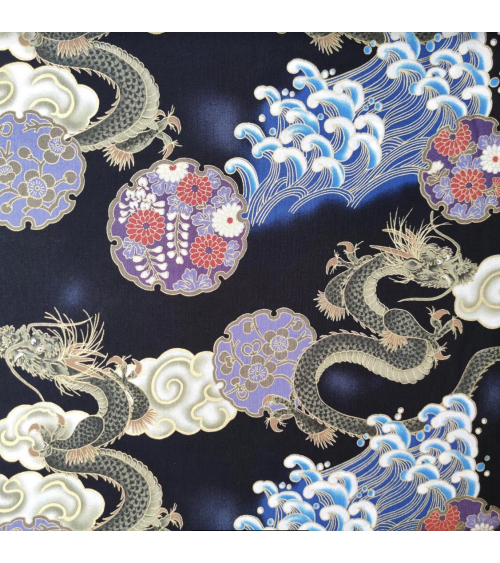 Tela japonesa de algodón de dragones, nubes y olas.