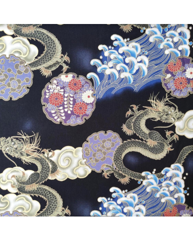 Tela japonesa de algodón de dragones, nubes y olas.