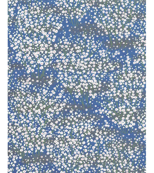 Papel Chiyogami pequeñas flores blancas sobre fondo azulón.