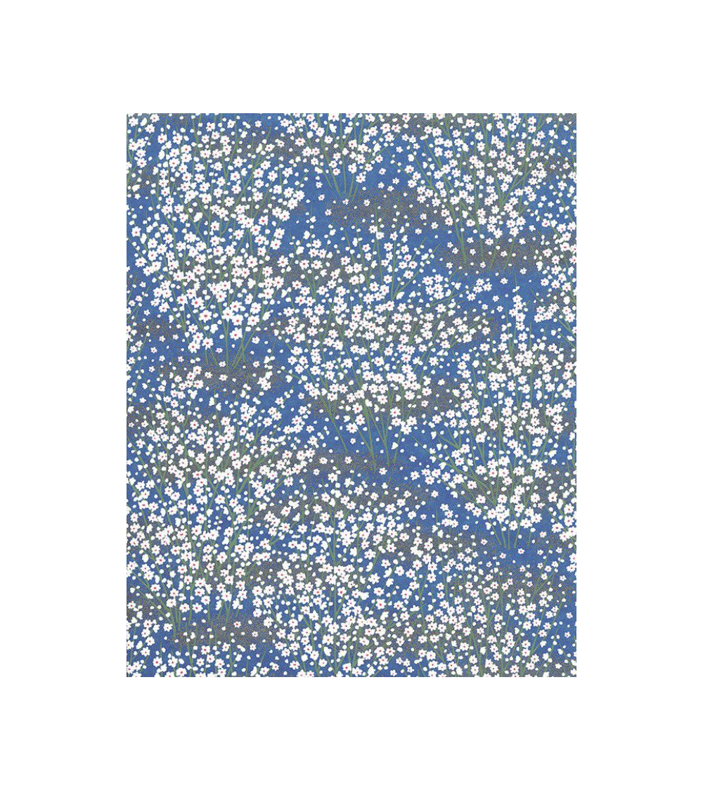 Papel Chiyogami pequeñas flores blancas sobre fondo azulón.