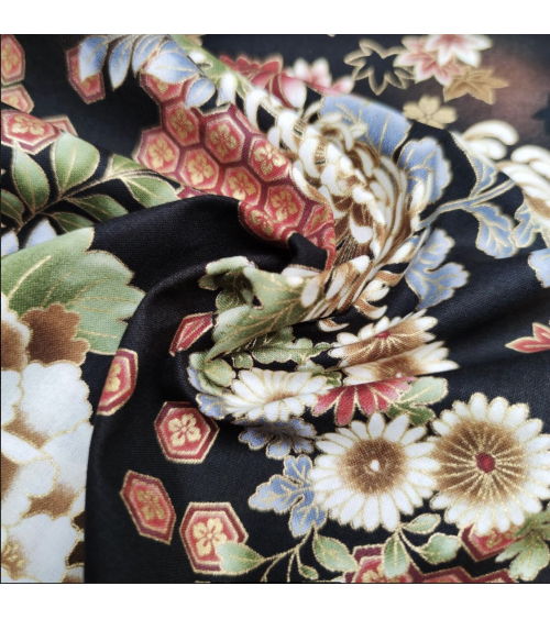 Japanese fabric Autumn flowers with golden details.