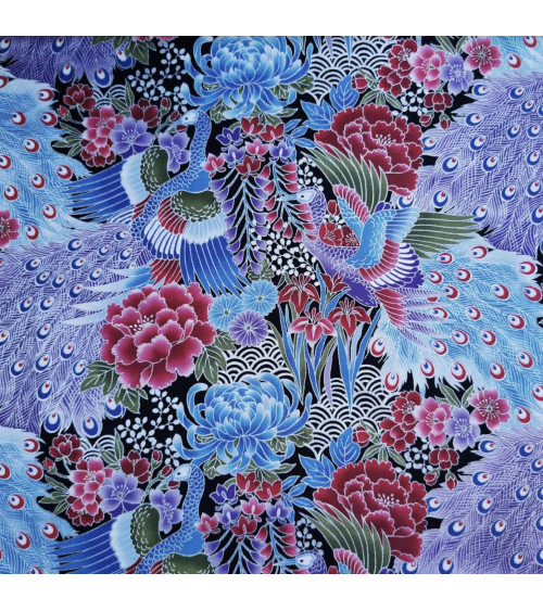 Tela japonesa pavos reales en azules con detalles en plata.