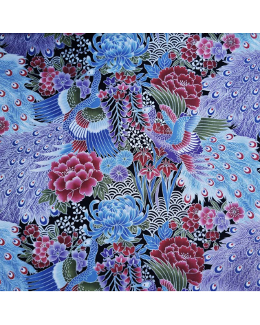 Japanese peacock fabric in blue with silver details.