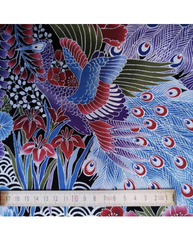 Japanese peacock fabric in blue with silver details.
