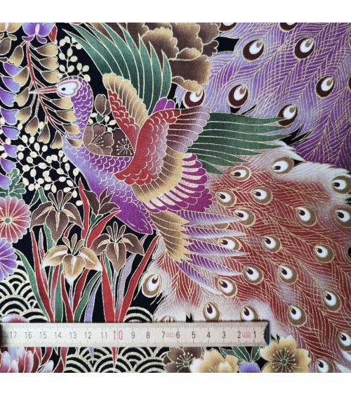 Japanese fabric 'peacocks in lilac' with golden details.