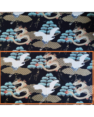 Japanese fabric "Dragon and crane" in black.