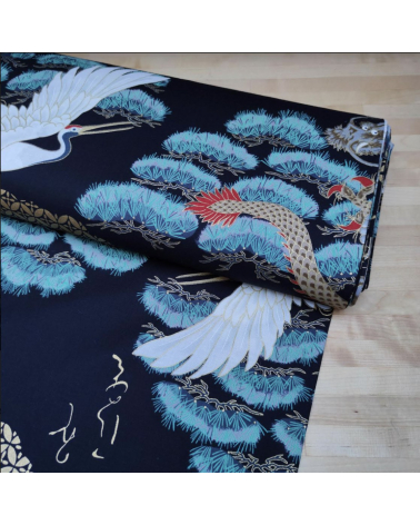 Japanese fabric "Dragon and crane" in black.