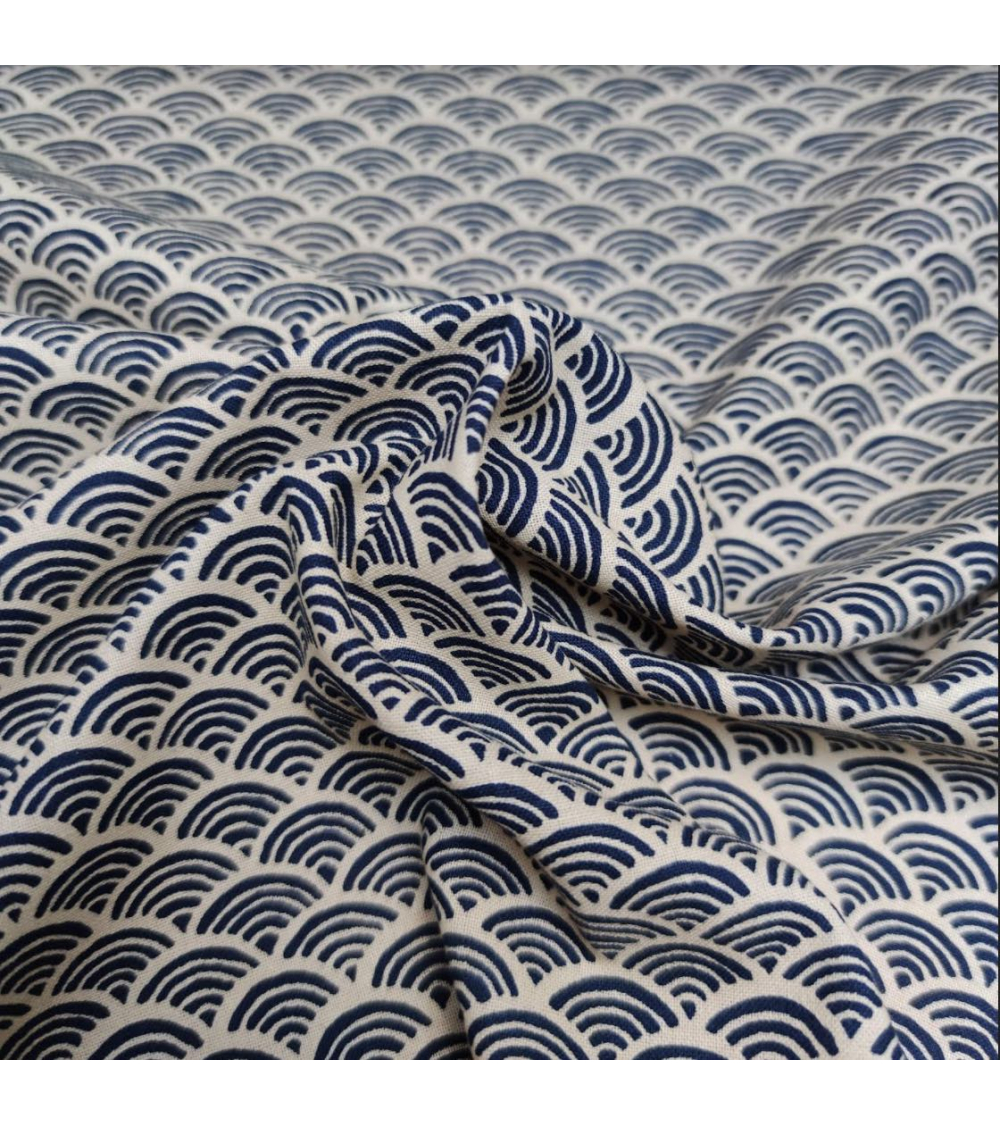 Japanese 'Seigaiha' cotton fabric. Dark blue over sand