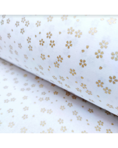 Tela japonesa de algodón en blanco con sakuras doradas