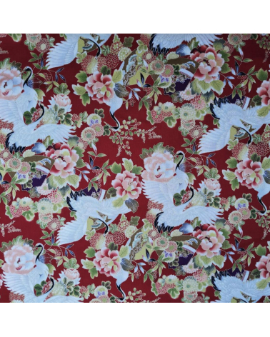 Japanese fabric. Cranes and flowers in red with golden details.