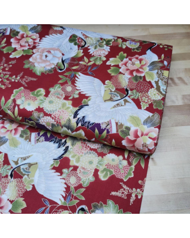 Japanese fabric. Cranes and flowers in red with golden details.