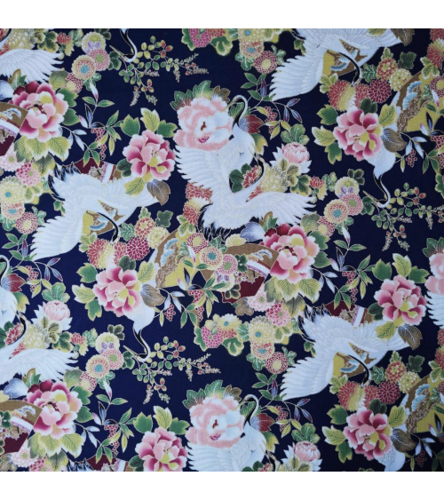 Japanese fabric. Cranes and flowers in navy blue with golden details.