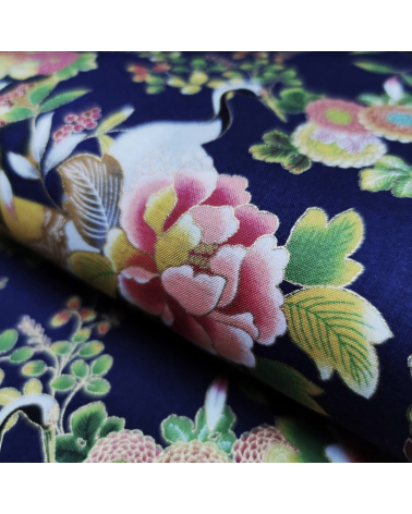 Japanese fabric. Cranes and flowers in navy blue with golden details.