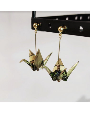 Gold-plated 'Fujin and Rajin' origami cranes Earrings (ball stud).