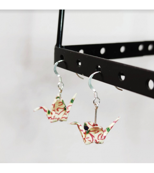 Ivory, red and green origami cranes Earrings. Silver.