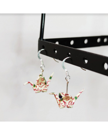 Ivory, red and green origami cranes Earrings. Silver.