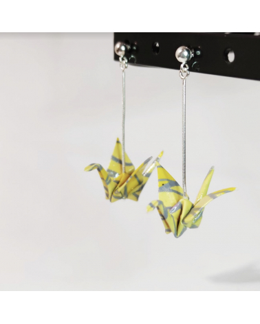 Yellow and grey origami cranes Earrings. Silver.