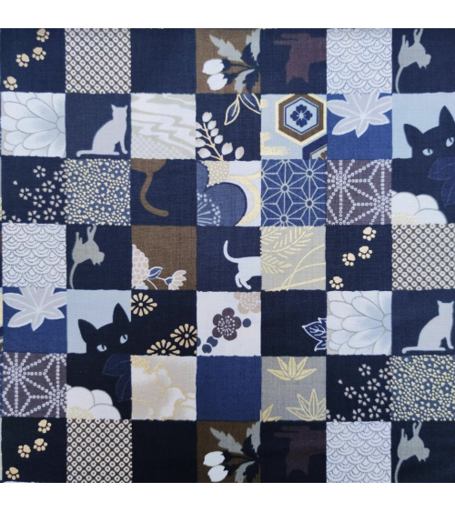 Japanese fabric. Cats Patchwork in winter colors.