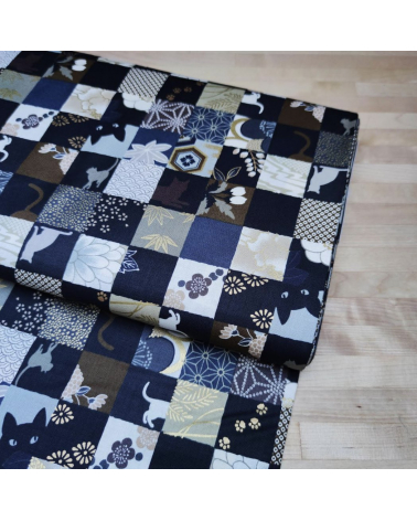 Japanese fabric. Cats Patchwork in winter colors.