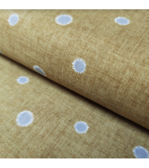 Tela japonesa algodón-lino lunares irregulares en mostaza.