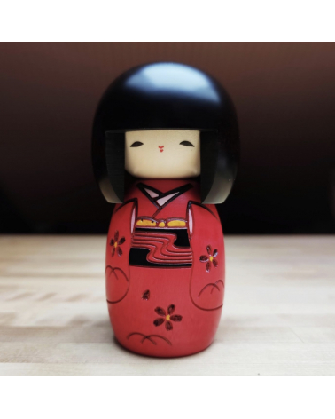 Kokeshi "Akako" con kimono rojo y obi