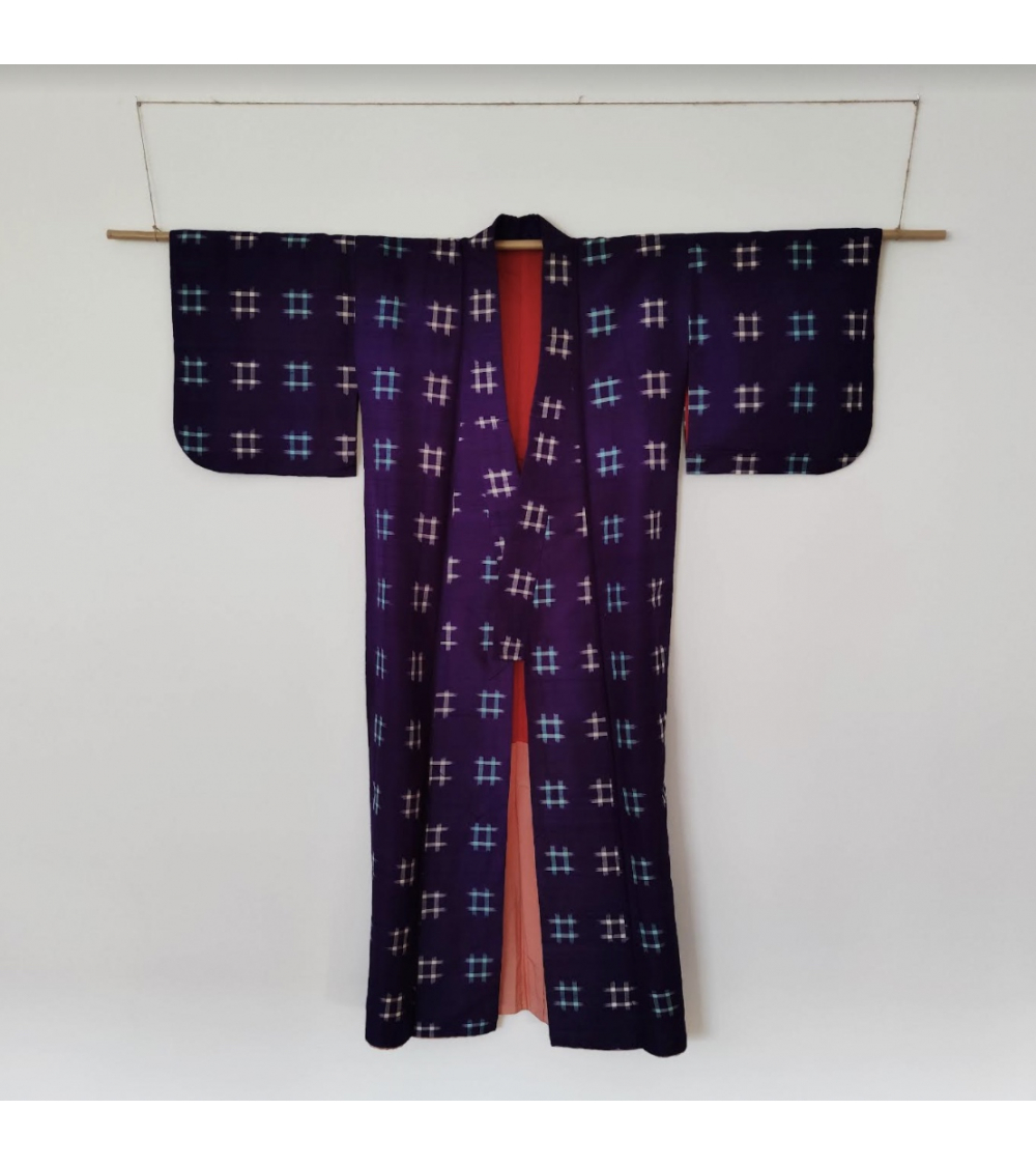completamente Alabama Conceder Japanese vintage meisen violet kimono with Igeta pattern. Tsumugi silk.