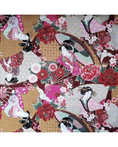 Japanese fabric Bijin (Beauties). Red background.