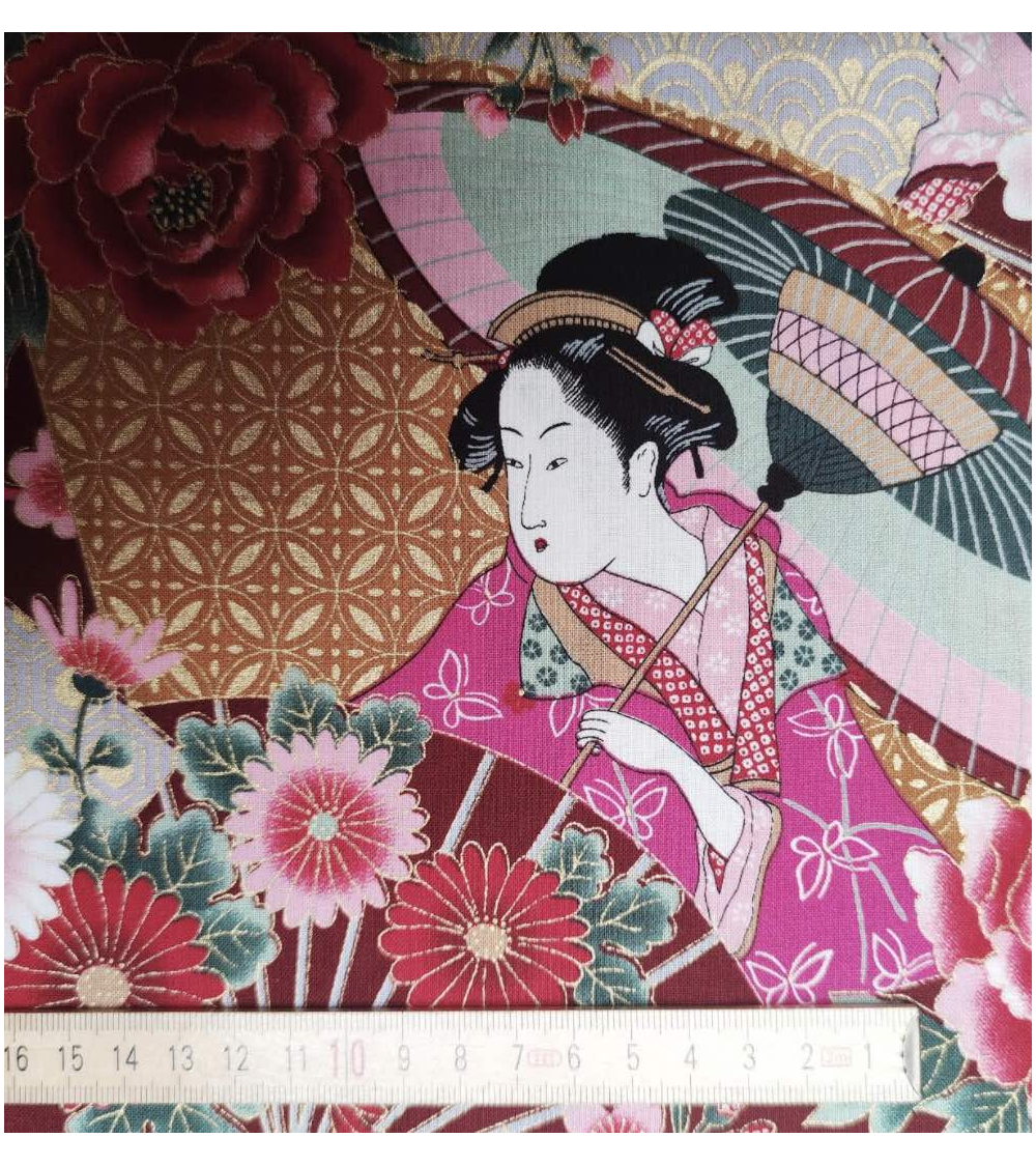 Japanese fabric Bijin (Beauties). Red background.