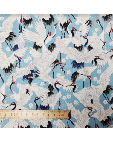 Japanese dobby "Tsuru (cranes) to sakura" in light blue.