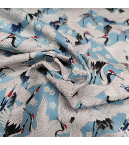 Japanese dobby "Tsuru (cranes) to sakura" in light blue.