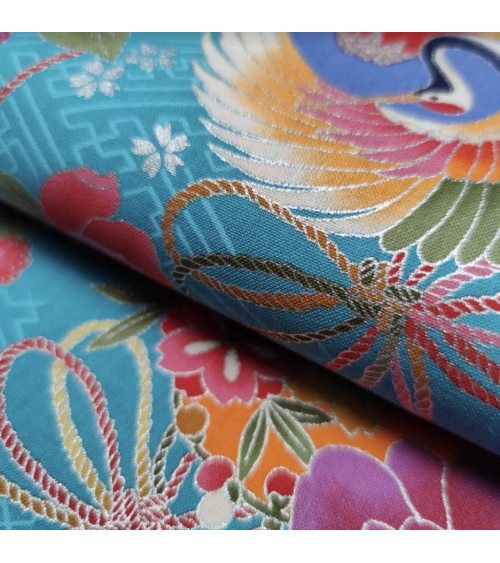 Japanese fabric Grullas and Fujisan in turquoise.