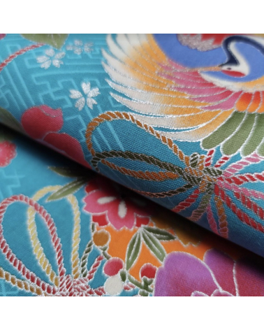 Japanese fabric Grullas and Fujisan in turquoise.