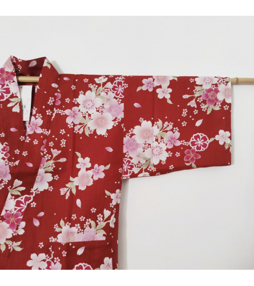 Japanese red women's Jinbei with flowers