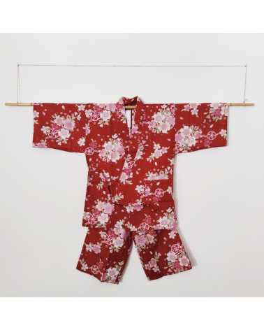 Japanese red women's Jinbei with flowers