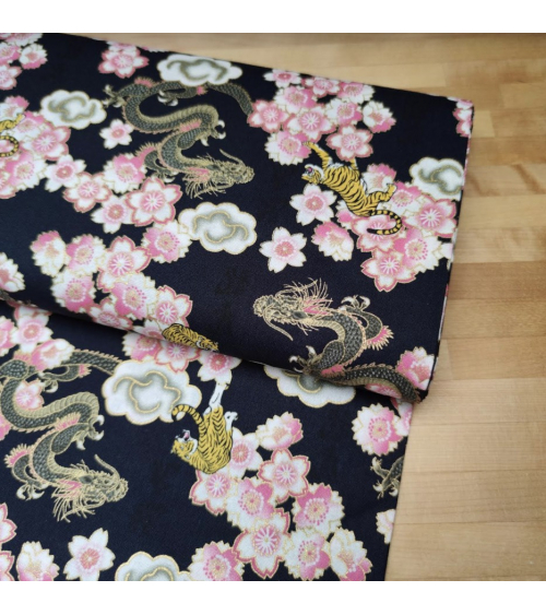 Japanese fabric 'Tiger, dragon and sakura' in black.