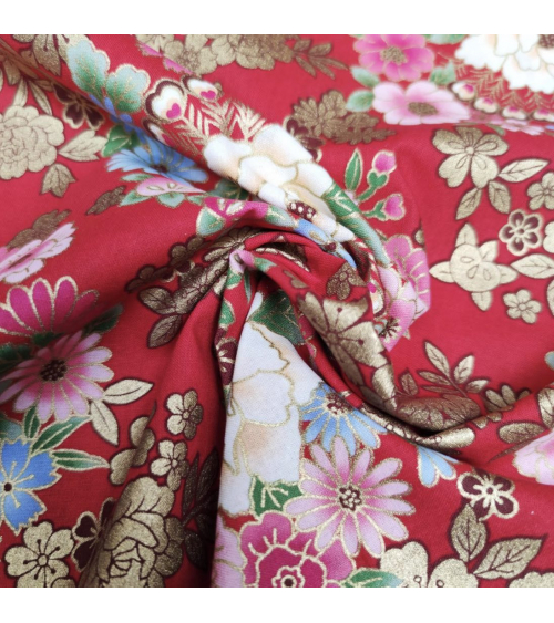 Japanese fabric with multicolor flowers on red.