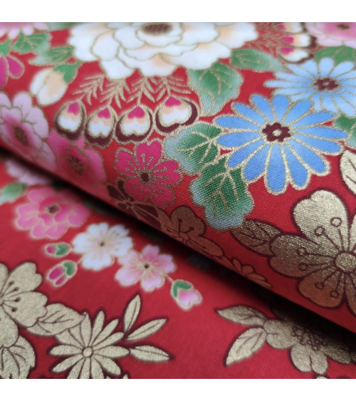 Japanese fabric with multicolor flowers on red.