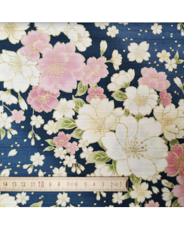 Japanese cotton satin slub fabric "Hanafubuki" in petrol blue.