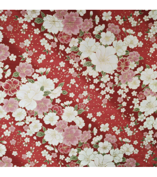 Tela japonesa en Satin de algodón "Hanafubuki" (Lluvia de pétalos) en rojo.