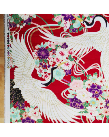 Tela japonesa en Satin de algodón "Grullas XL" rojo.