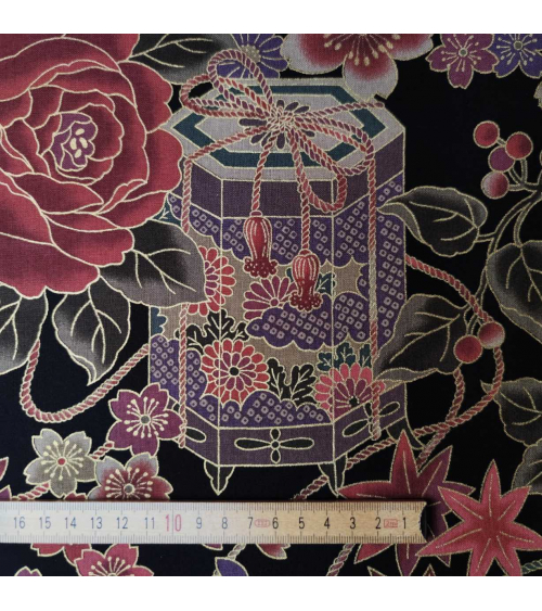 Japanese cotton fabric. Roses over black.
