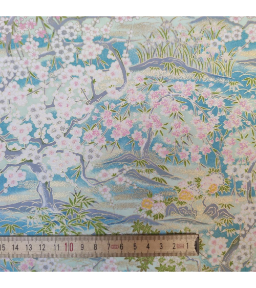 Papel Chiyogami Paisaje de Primavera en azules