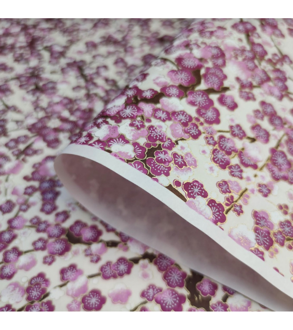 Chiyogami paper with burgundy ume on beige